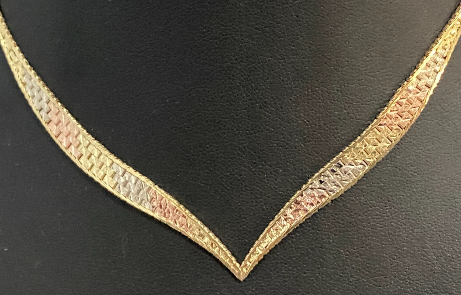 9K Tri-Color Gold Flat Collar Brick Design V Shaped Chain Necklace 40cm Long