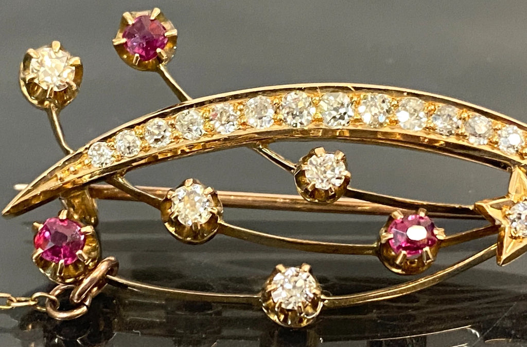 Victorian 15K Yellow Gold Ruby Diamond Crescent Moon Star Comet Brooch 41mm