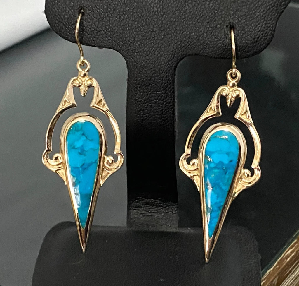 Vintage 9K Yellow Gold & Turquoise Drop Earrings 55mm High
