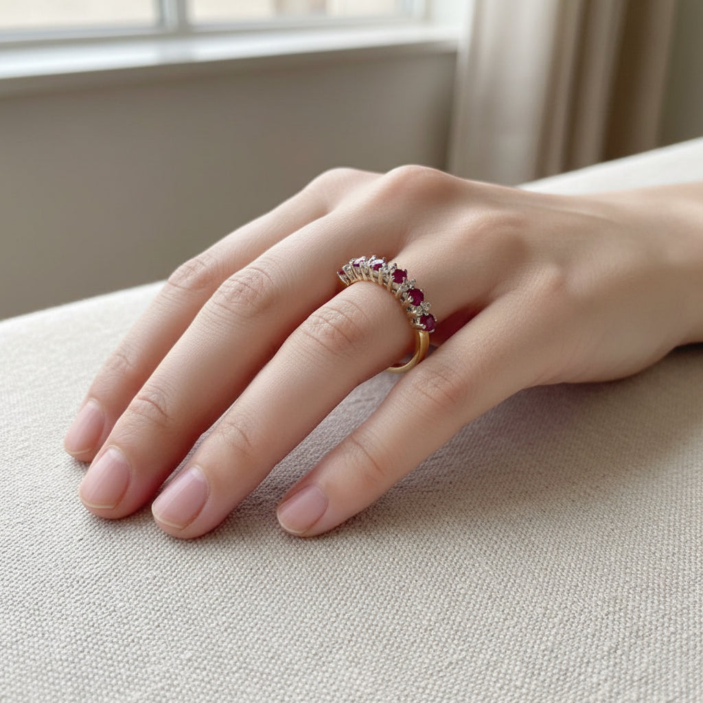 18ct Yellow Gold Ruby Diamond Half Eternity Anniversary Ring – Size R (US 8.75)