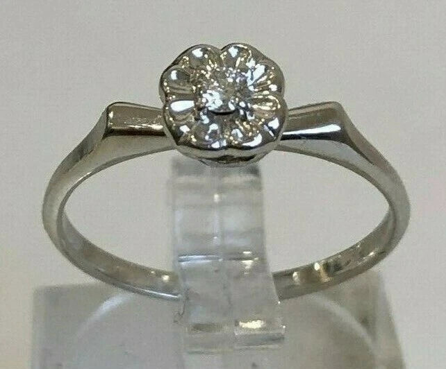 14K White Gold & Diamond Flower Head Solitaire Ring Size M 1/2 - 6 1/4