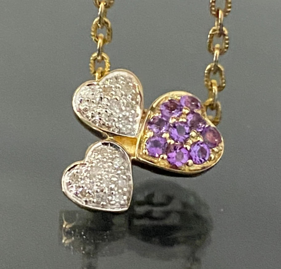 14K Yellow Gold W/ Amethyst & Diamond Triple Heart Pendant