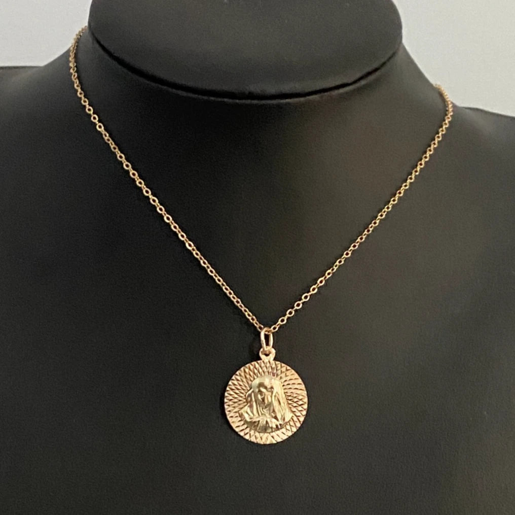 9K Yellow Gold Sagittarius Zodiac Sign & Virgin Mary Double Face Pendant