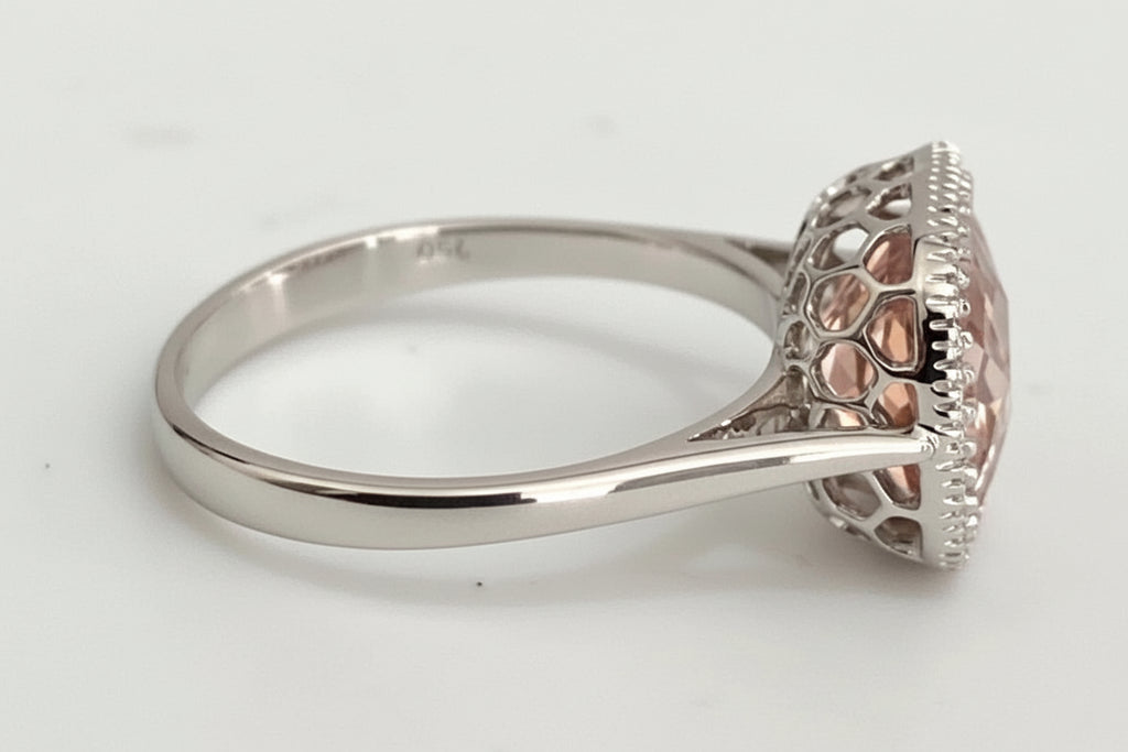 18ct White Gold Morganite & Diamond Halo Ring – Cushion Cut - Size M (US 6.25)