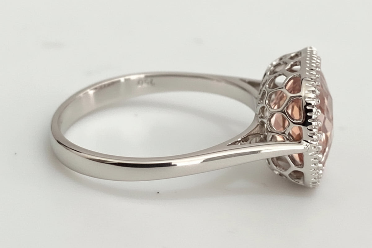 18ct White Gold Morganite & Diamond Halo Ring – Cushion Cut - Size M (US 6.25)