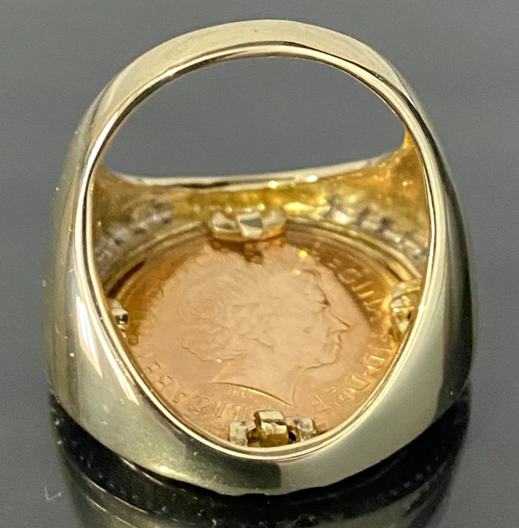 22K Gold Full Sovereign Coin W/ Diamond in 9K Gold Ring Size U - 10 1/2