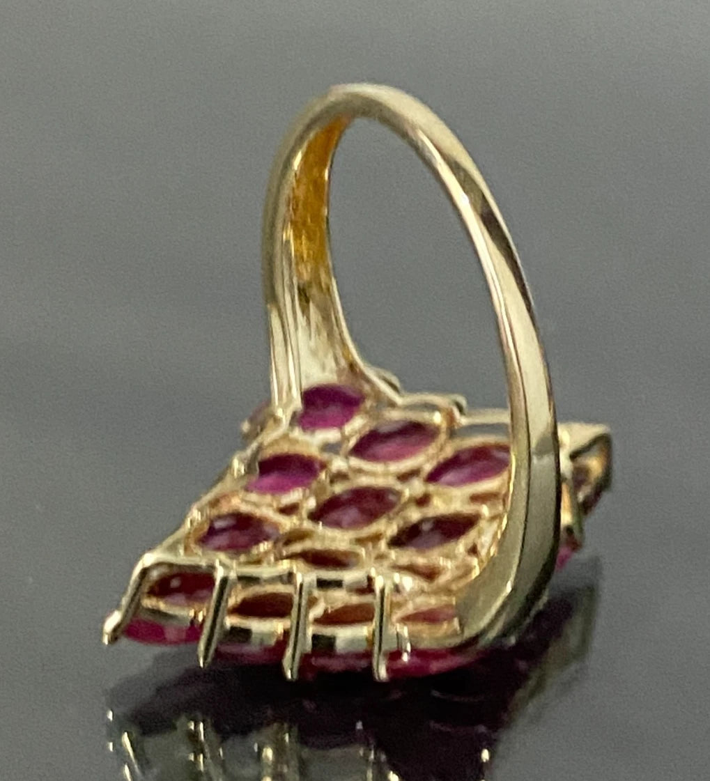 9K Yellow Gold & 2.20CT Marquise Ruby Cluster Ring Size R - 8 3/4