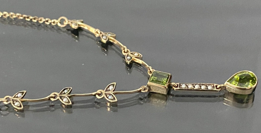 Edwardian 9K Yellow Gold W/ Peridot & Seed Pearl Drop Necklace 45cm Long