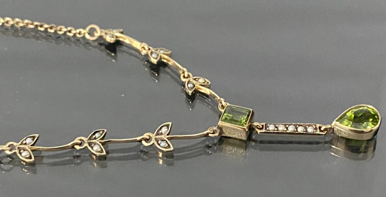 Edwardian 9K Yellow Gold W/ Peridot & Seed Pearl Drop Necklace 45cm Long