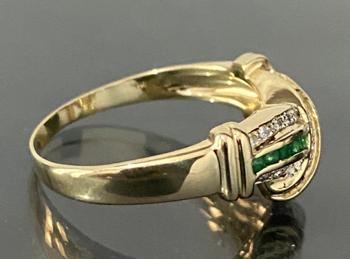 14K Yellow Gold W/ Emerald & Diamond Dress Ring Size Q - 8 1/4