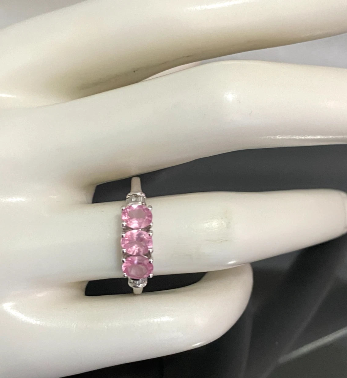 10K White Gold W/ Spinel & Diamond Three Stone Ring - Size Q (US 8.25)