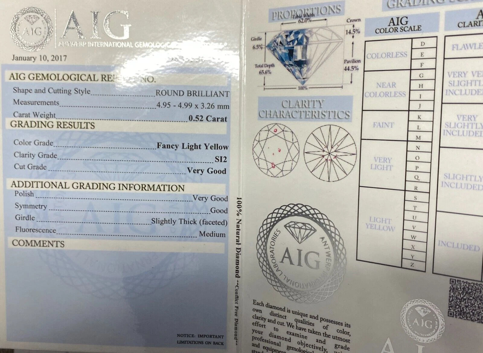 AIG Certified Natural Diamond Loose 0.52CT - SI2 Clarity