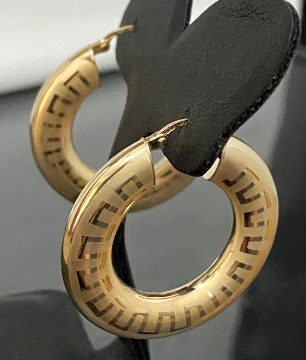 Italian 9K Yellow Gold Greek Key Pattern Hoop Earrings 33.50MM