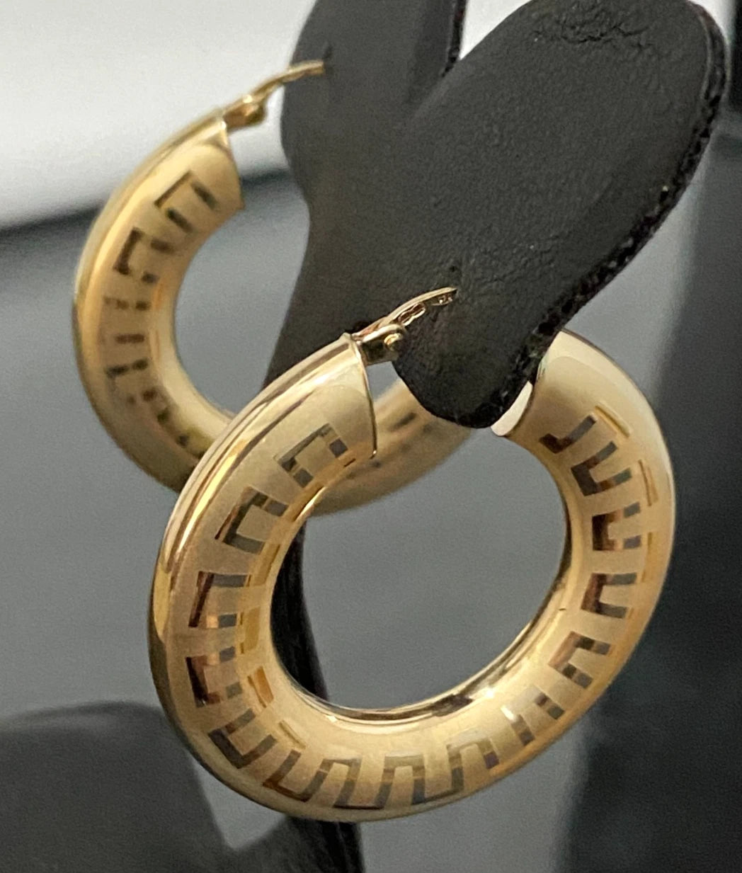 Italian 9K Yellow Gold Greek Key Pattern Hoop Earrings 33.50MM