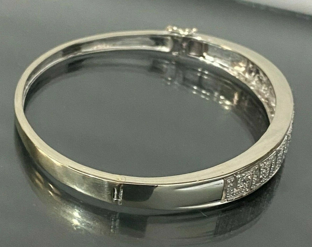 9K White Gold & 0.25CT Diamond Greek Key Hinged Bangle 60mm