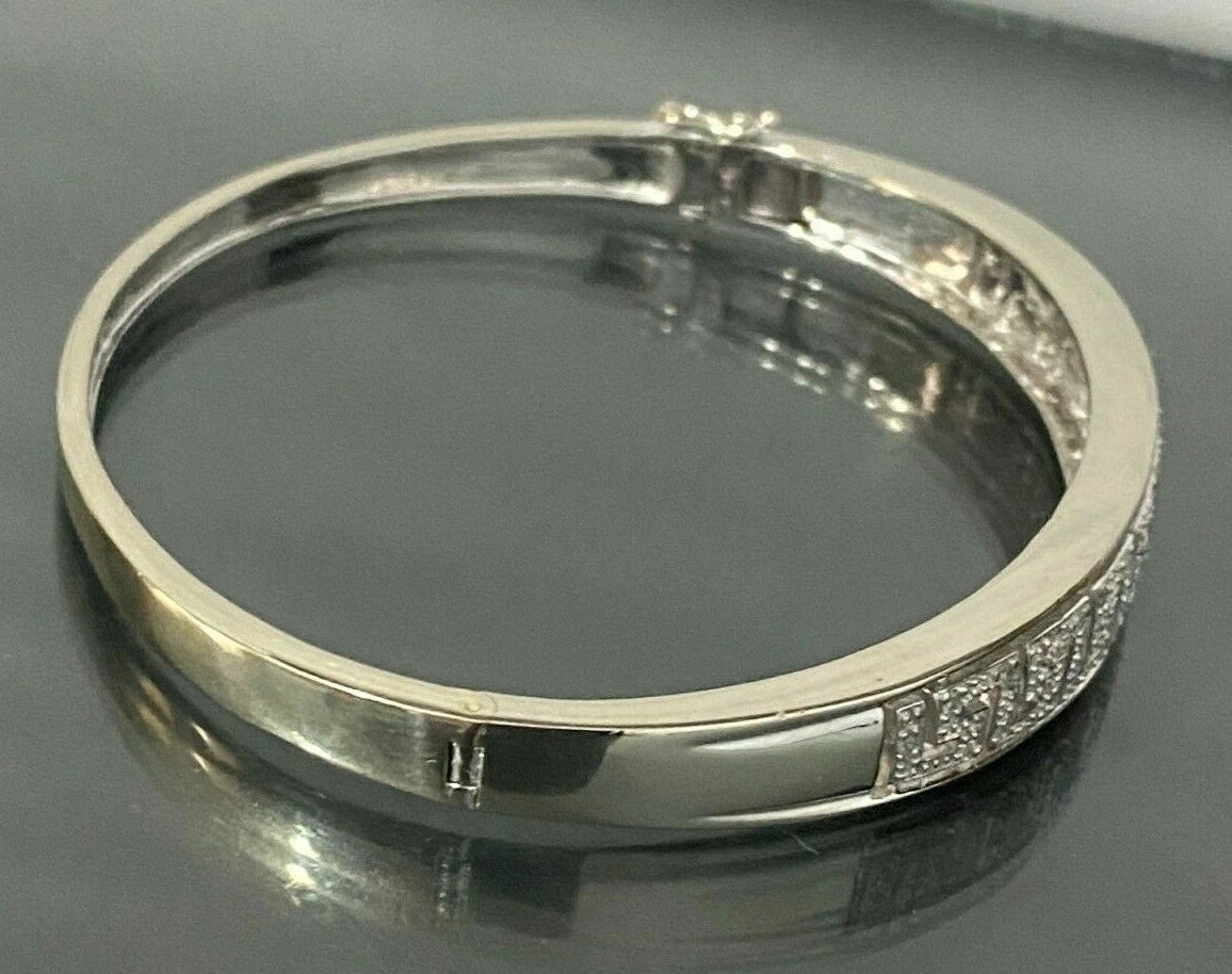 9K White Gold & 0.25CT Diamond Greek Key Hinged Bangle 60mm