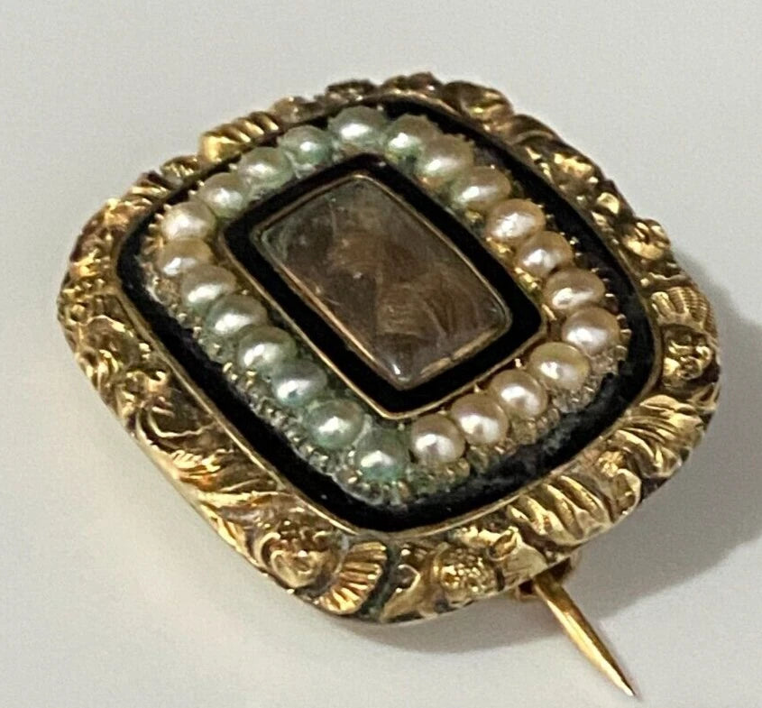 GEORGIAN 15K Gold Pearl & Woven Hairwork Enamel Memorial Brooch DATED 1822