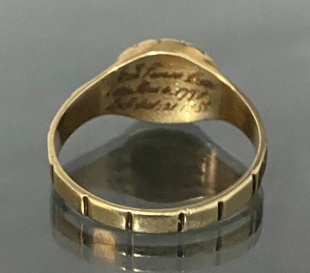 1850's 15K Yellow Gold Seed Pearl Memorial Engraved Ring Size R 1/2 - 9 1/8