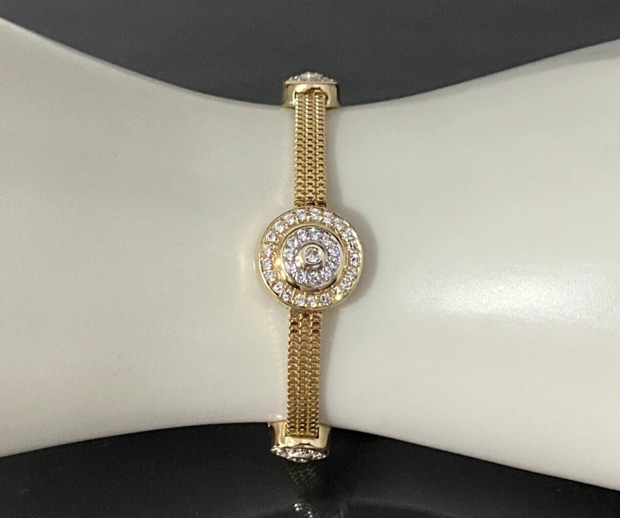 14K Yellow Gold & Cubic Zirconia Mesh Bracelet 18.5cm Long