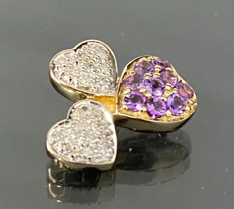 14K Yellow Gold W/ Amethyst & Diamond Triple Heart Pendant