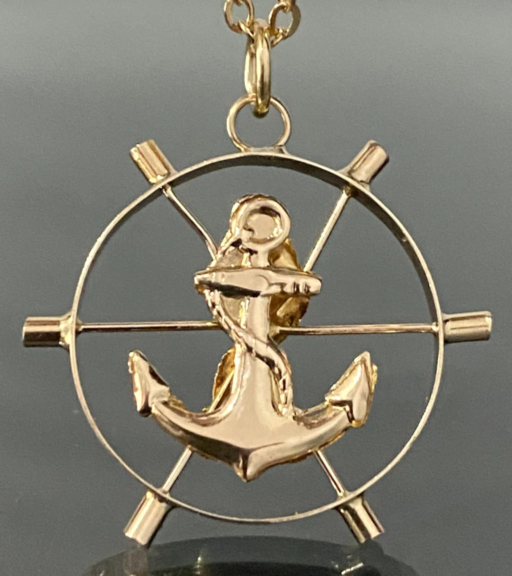 Vintage 14K Yellow Gold Ship's Wheel and Anchor Pendant
