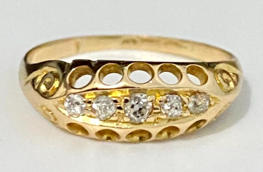 Edwardian 18K Yellow Gold & Old European Cut Diamond Ring Size K 1/2 - 5 3/8