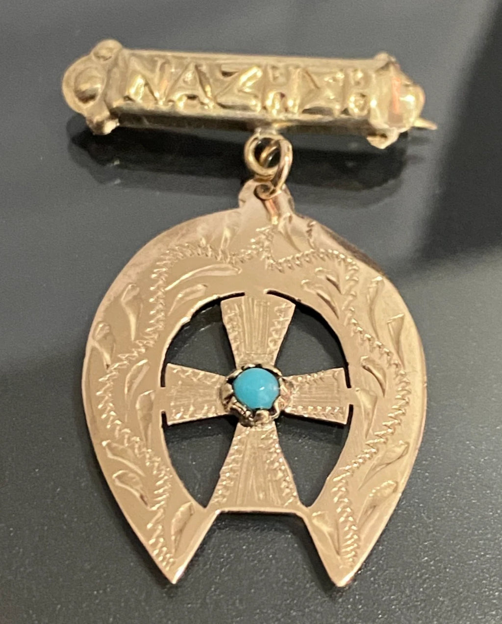 9K Rose Gold Horseshoe & Cross Turquoise NA ZHSH Baby Pin - Antique Jewellery