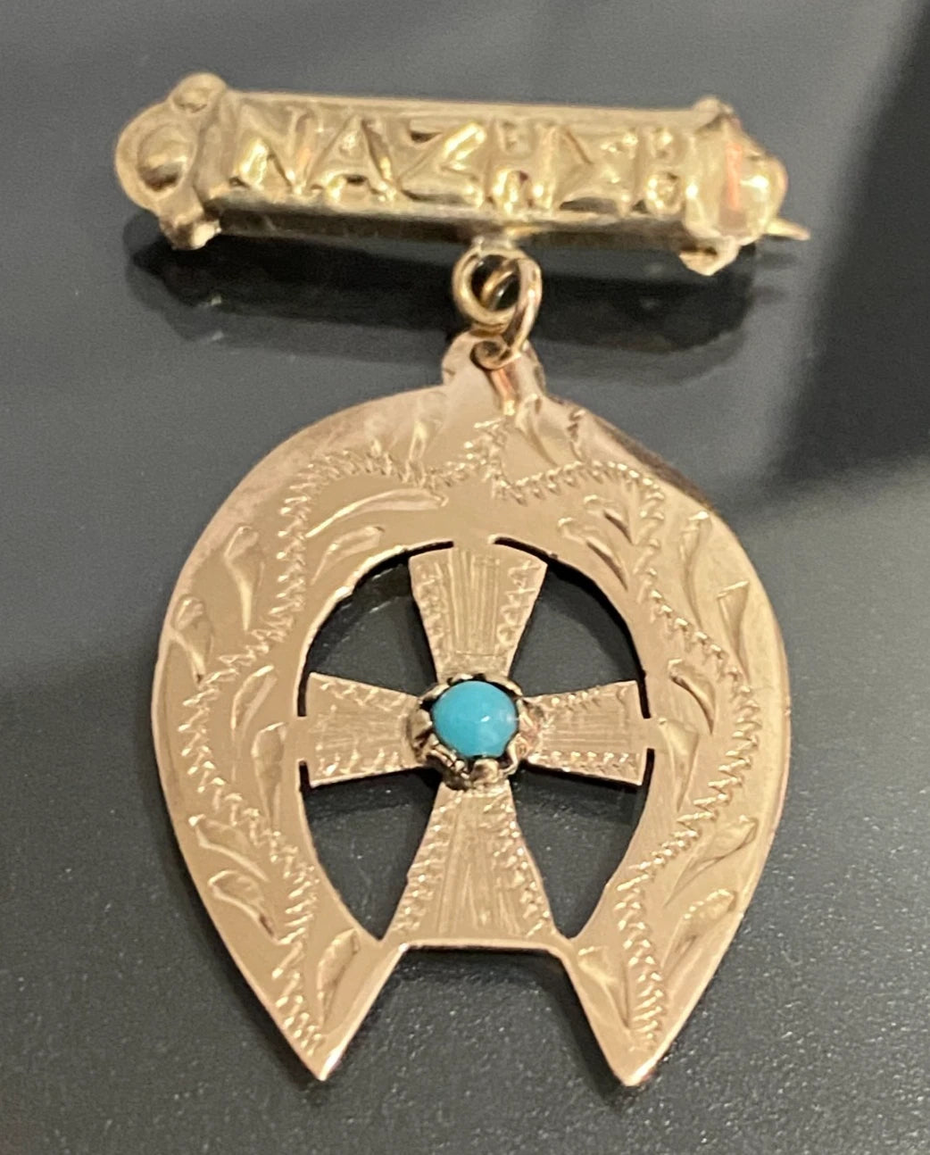 9K Rose Gold Horseshoe & Cross Turquoise NA ZHSH Baby Pin - Antique Jewellery