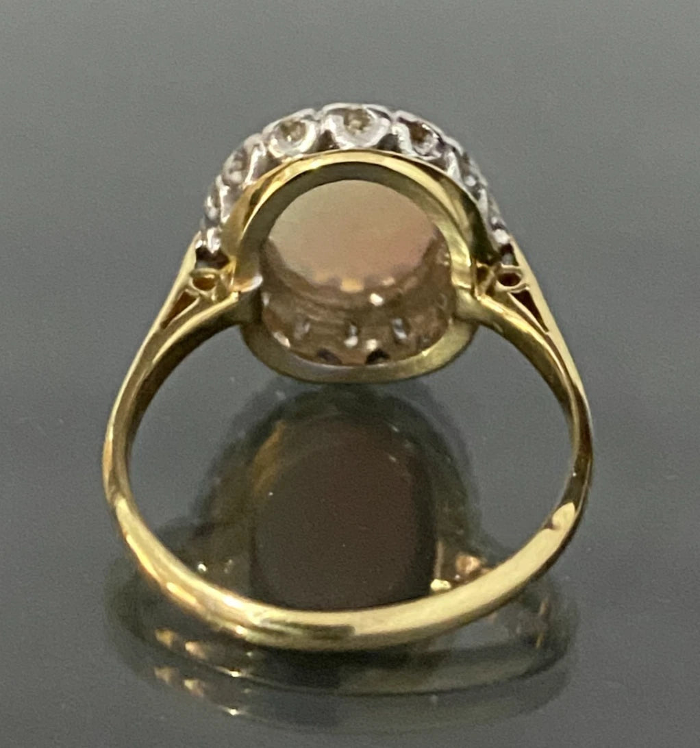 Vintage 18K Yellow Gold Opal & Diamond Cluster Ring Size L - 5 7/8