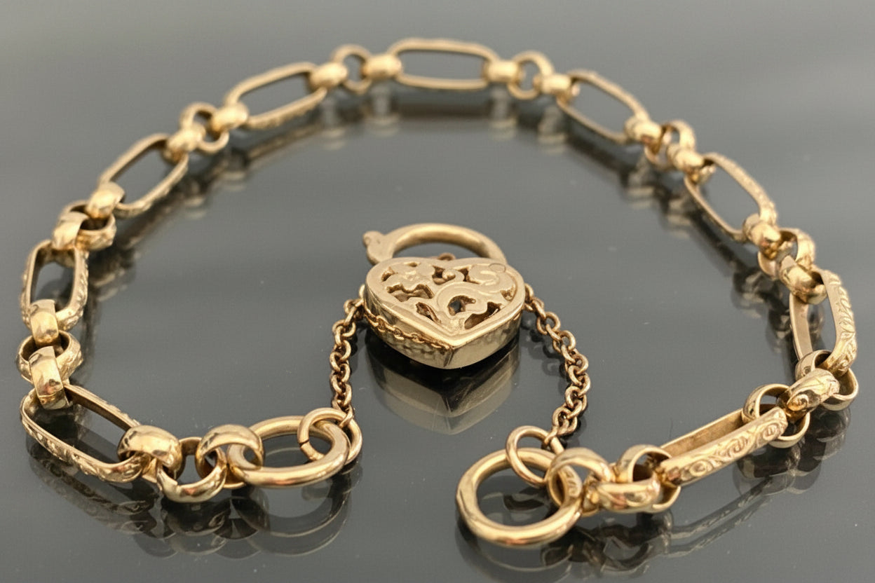 Vintage 9K Yellow Gold Ornate Fancy Link with Filigree Heart Padlock Bracelet