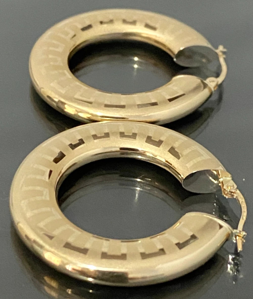 Italian 9K Yellow Gold Greek Key Pattern Hoop Earrings 33.50MM