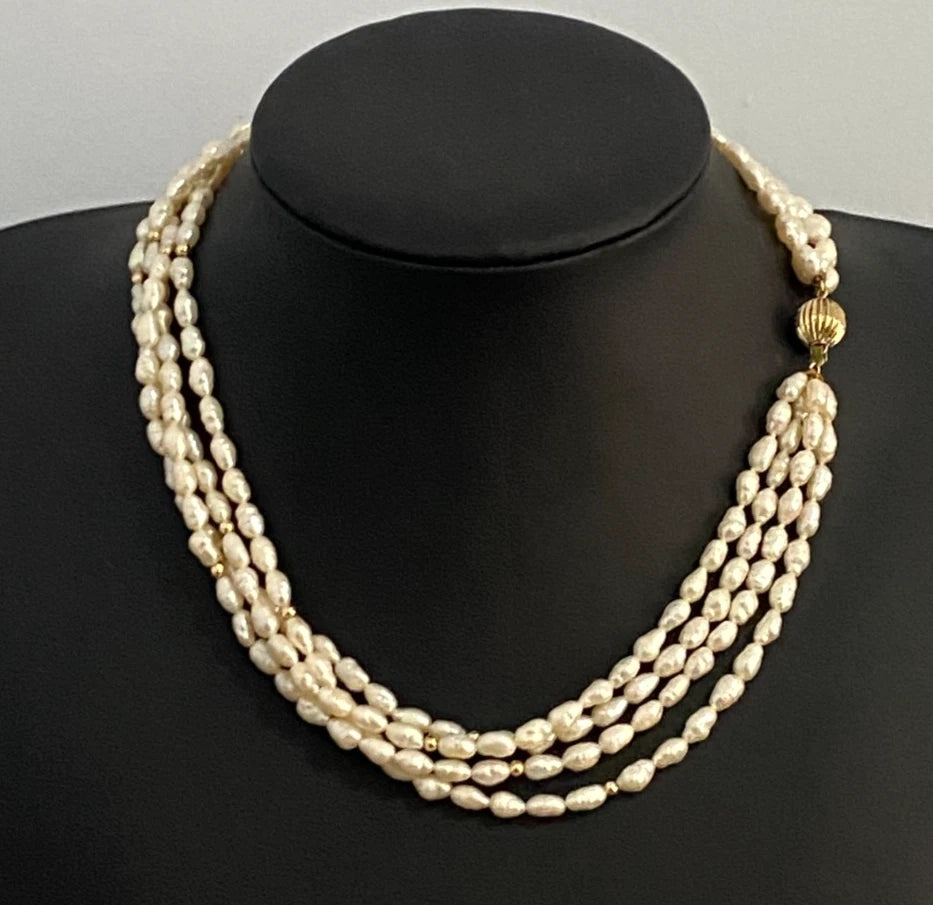 White Cultured Pearl Multi-Strand Necklace W/ 14K Yellow Gold Clasp 44cm Long