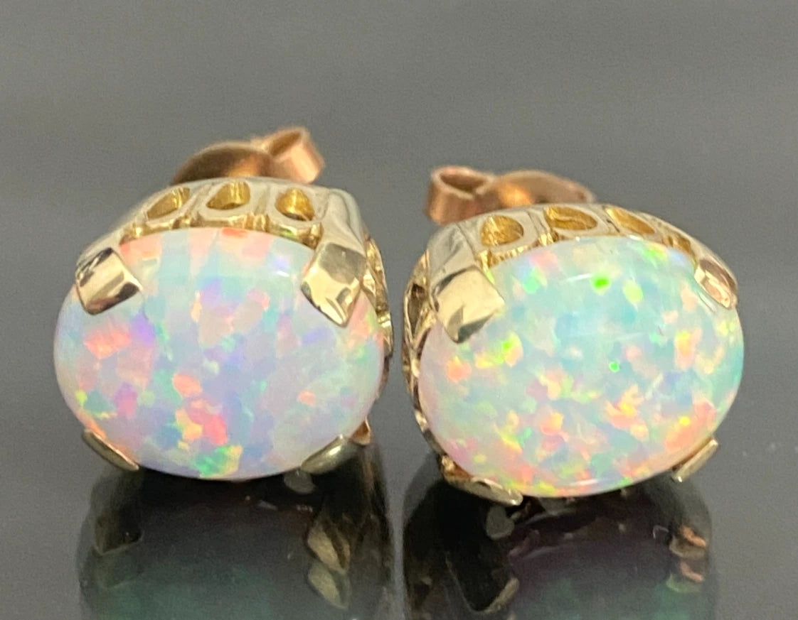 9K Yellow Gold Large Synthetic Opal Stone Set Stud Earrings