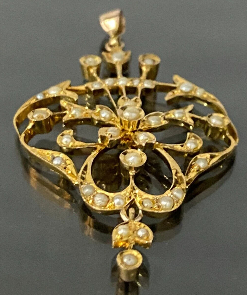 Victorian 9K Yellow Gold & Pearl Pendant 62mm High
