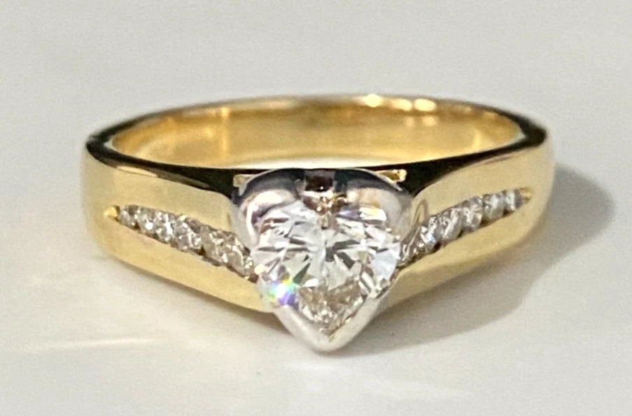 18K Yellow Gold & Heart Diamond Engagement Ring Size K - 5 1/4