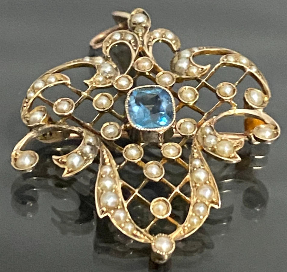 Edwardian 9ct Yellow Gold Aquamarine & Seed Pearl Drop Pendant Brooch – 42.5mm