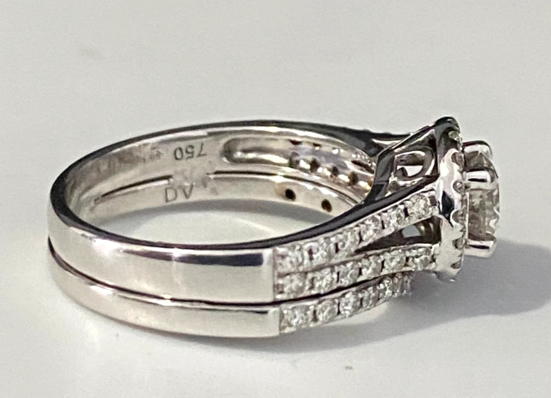 18K White Gold & 1.0CT Diamond Halo 2 Parts Bridal Set Ring Size K 1/2 - 5 1/2