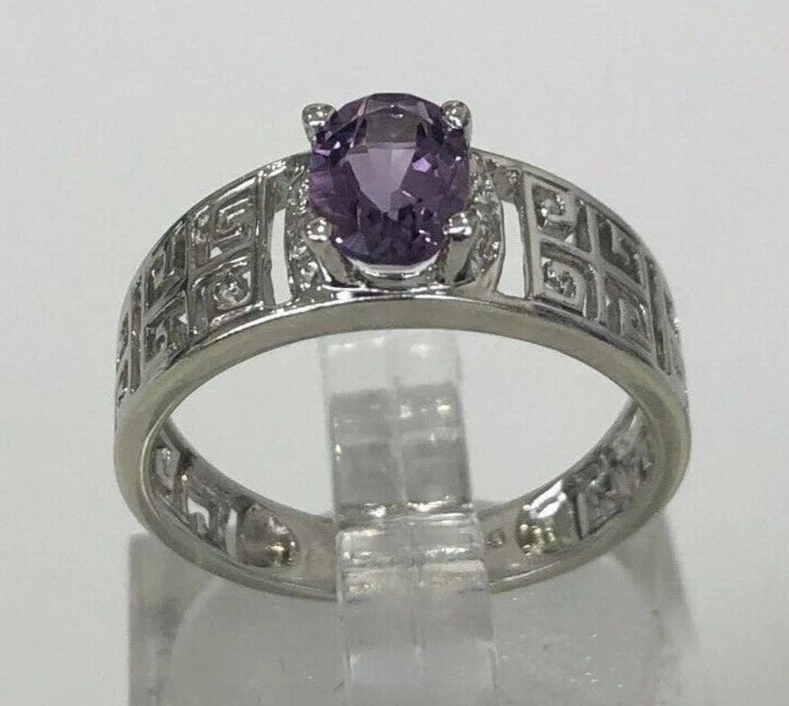 9K White Gold W/ Amethyst & Diamond Greek Key Ring Size L 1/4 - 5 3/4