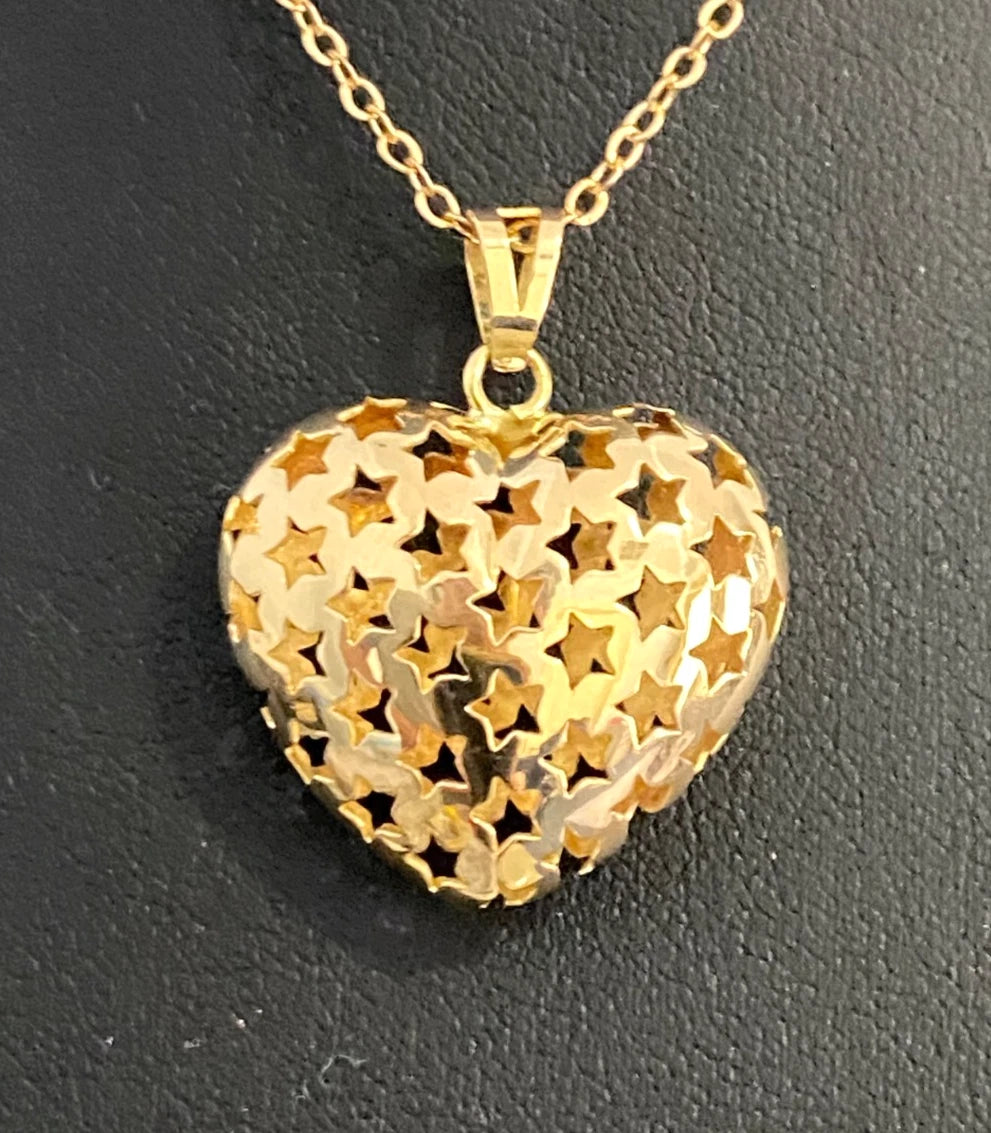 Italian 18K Yellow Gold Star Heart Pendant 30.50mm High