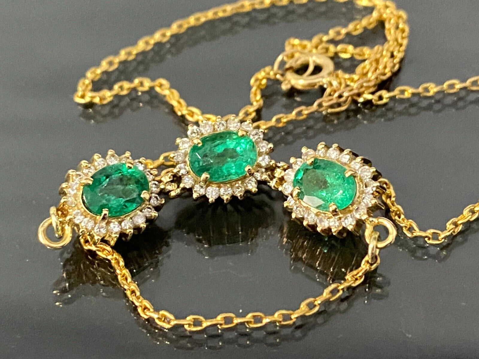 18K Yellow Gold 2.25CT Emerald & Diamond Three Cluster Necklace