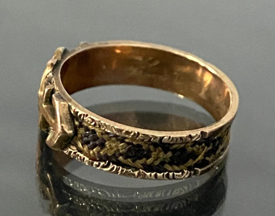 Victorian 9K gold Faith Hope & Charity Woven Hair 'JA' Initial Ring C1879