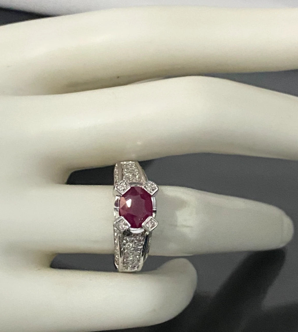 14K White Gold W/ Ruby & 0.70CT Diamond Ring Size P - 7 3/4