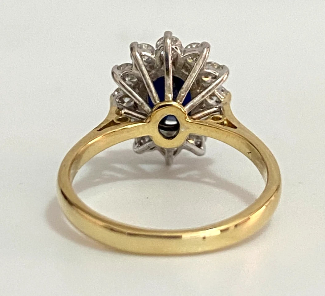 18K Yellow Gold Sapphire & Diamond Cluster Ring - Size J (US 4.75)