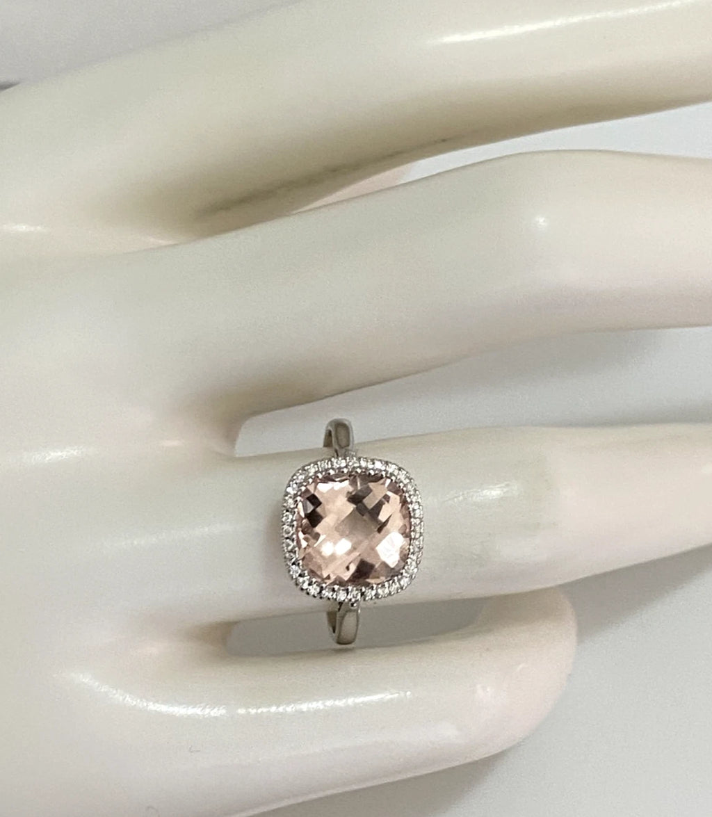 18ct White Gold Morganite & Diamond Halo Ring – Cushion Cut - Size M (US 6.25)