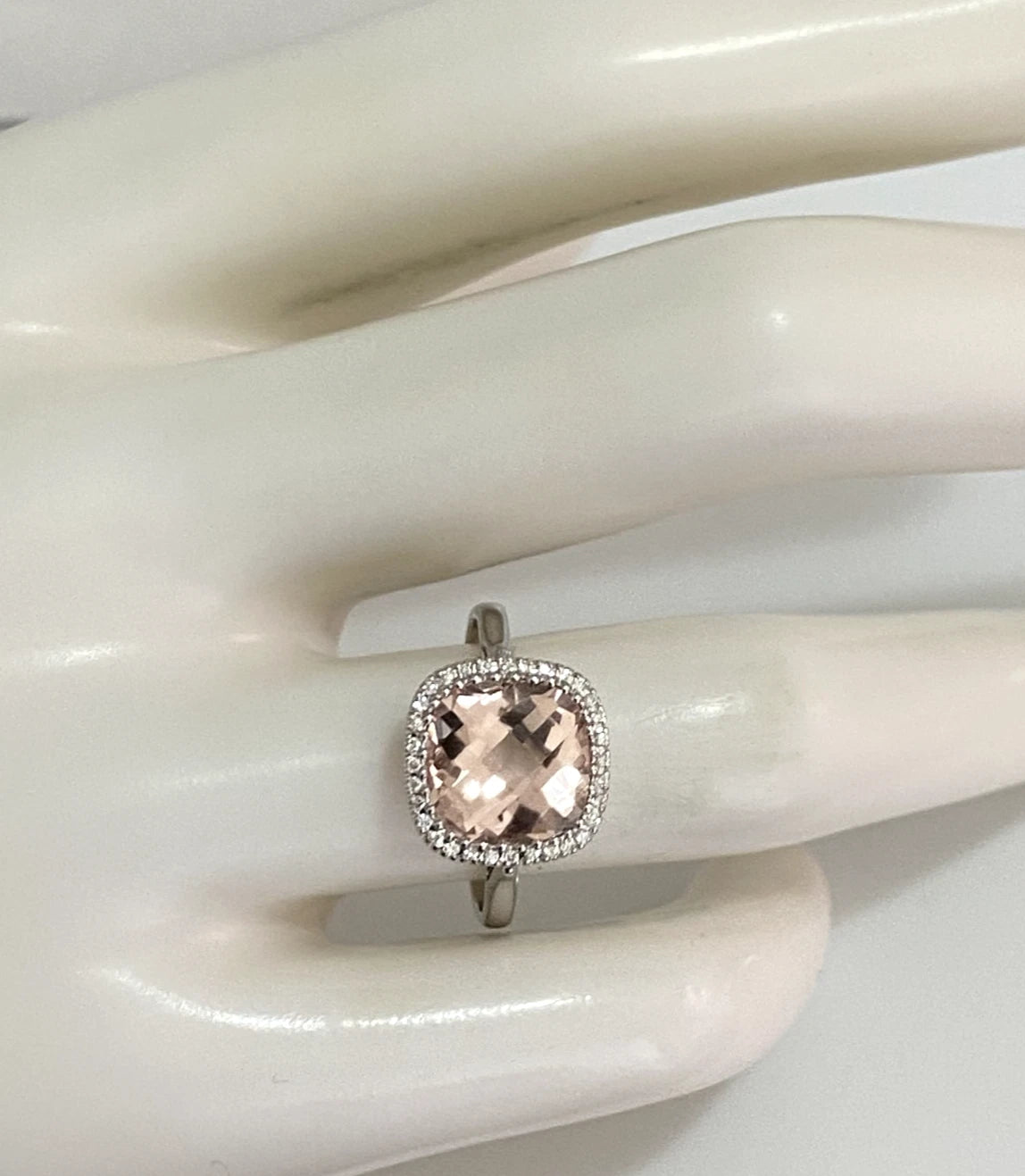 18ct White Gold Morganite & Diamond Halo Ring – Cushion Cut - Size M (US 6.25)