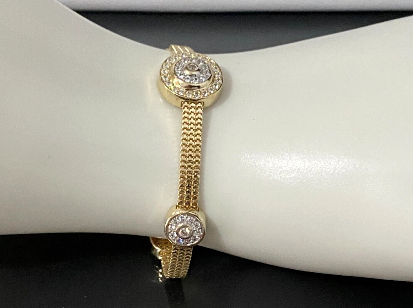 14K Yellow Gold & Cubic Zirconia Mesh Bracelet 18.5cm Long