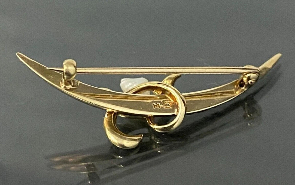 Antique 14K Yellow Gold & Pearl Flower Crescent Brooch Pin