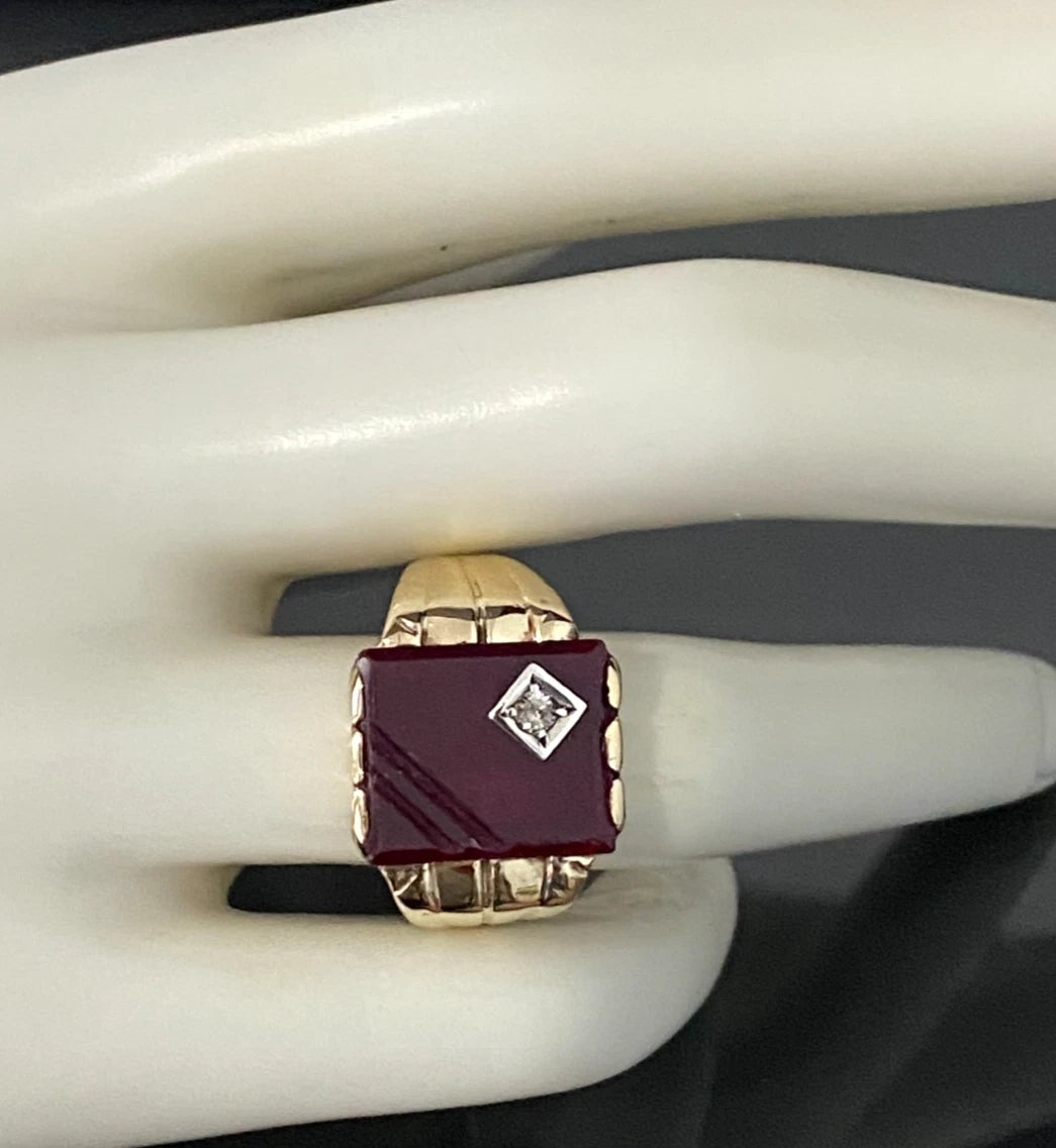 10K Yellow Gold W/ Synthetic Ruby & Stone Men's Signet Ring Size R - 8 7/8