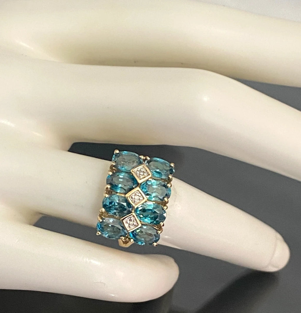 9K Yellow Gold Natural Blue Zircon & Diamond Statement Ring Size L (US 5.75)