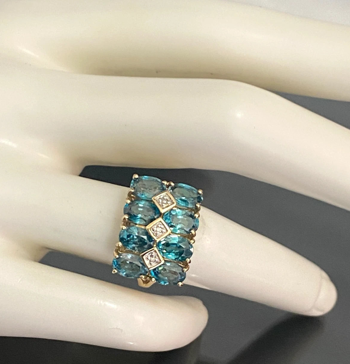 9K Yellow Gold Natural Blue Zircon & Diamond Statement Ring Size L (US ...